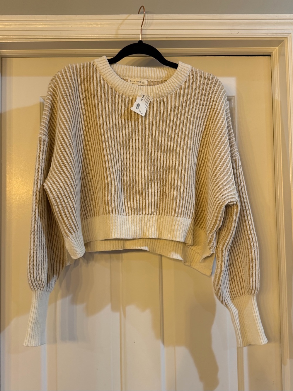 Striped Ribbed Crewneck Cropped Sweater - Cream/Tan